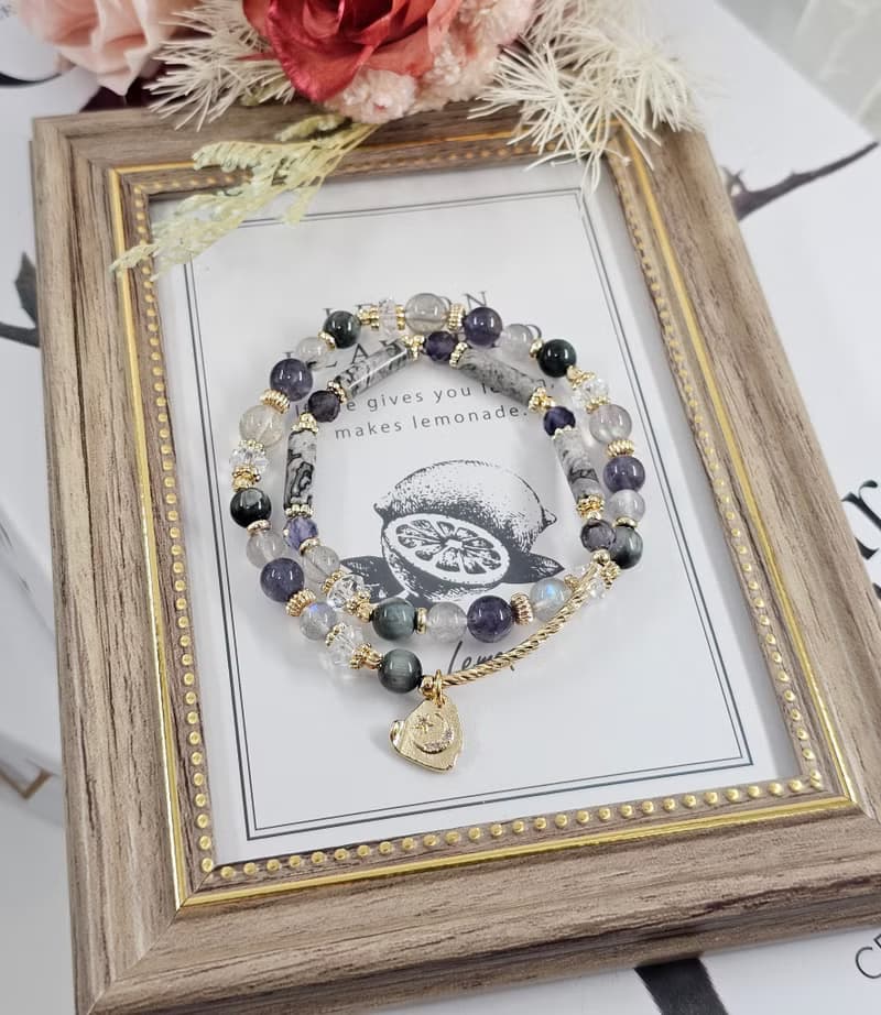 從心-雙圈設計款/黑銀鈦/堇青石/拉長石/鷹眼石/地圖石/水晶手鍊