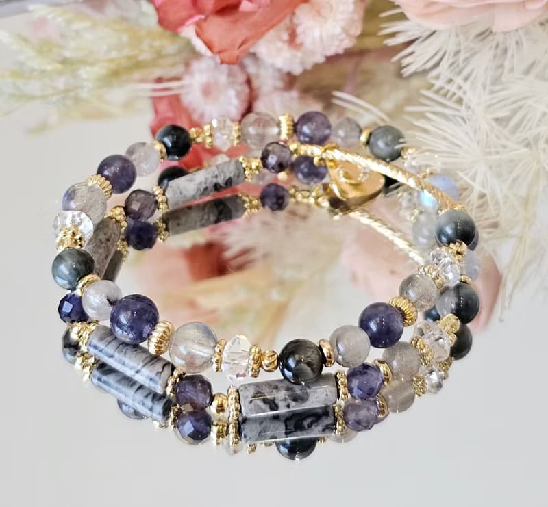 從心-雙圈設計款/黑銀鈦/堇青石/拉長石/鷹眼石/地圖石/水晶手鍊