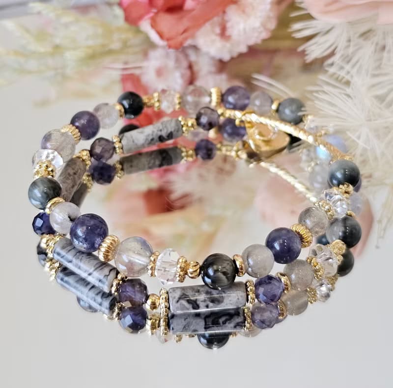 從心-雙圈設計款/黑銀鈦/堇青石/拉長石/鷹眼石/地圖石/水晶手鍊