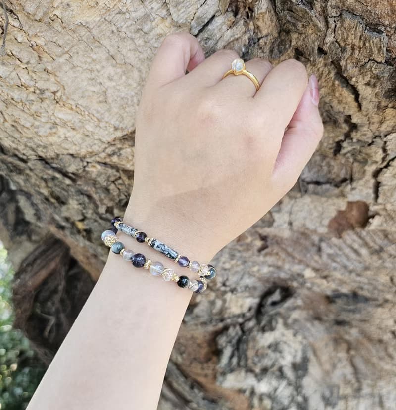 從心-雙圈設計款/黑銀鈦/堇青石/拉長石/鷹眼石/地圖石/水晶手鍊