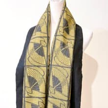 純手作/古董黃色織布日式扇子絲質拼接黑色羊毛圍巾披肩