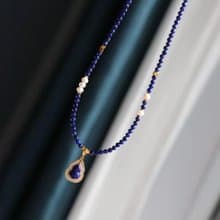 原創款天然3.3mm青金石刻面鎖骨鏈搭配珍珠青金石葫蘆吊墜福祿