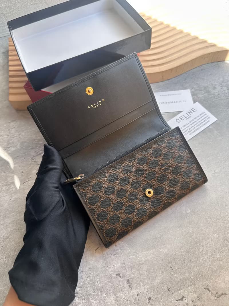 Vintage Celine 黑花中夾中長錢包