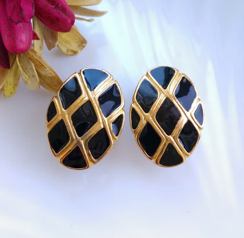 Vintage Jewelry 西洋古董飾品 摩登個性 黑方塊  夾式耳環