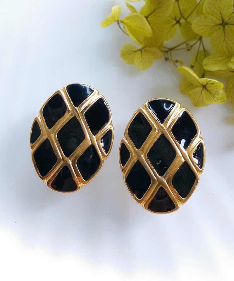 Vintage Jewelry 西洋古董飾品 摩登個性 黑方塊  夾式耳環