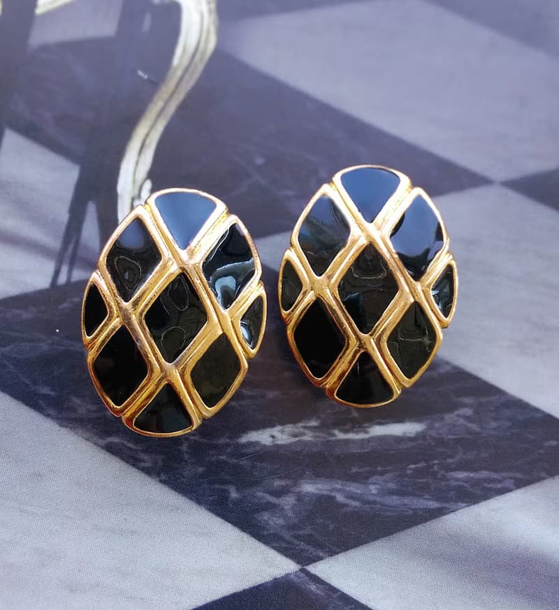 Vintage Jewelry 西洋古董飾品 摩登個性 黑方塊  夾式耳環