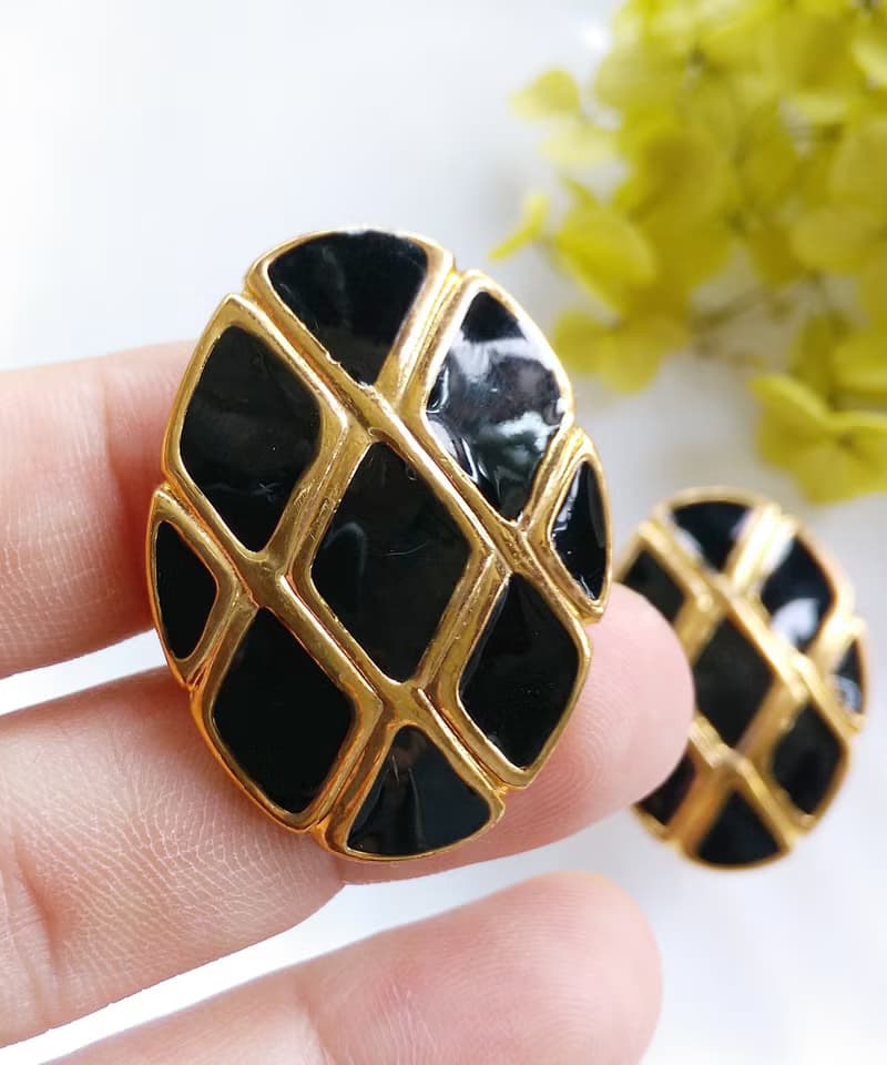 Vintage Jewelry 西洋古董飾品 摩登個性 黑方塊  夾式耳環