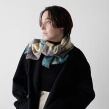 絣染棋盤格羊毛圍巾-綠