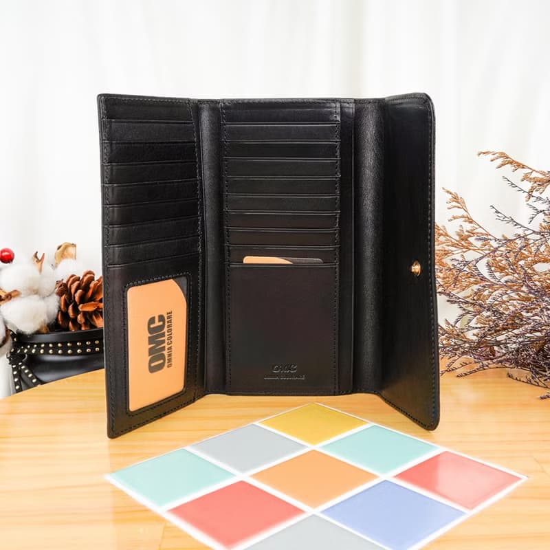 義大利植鞣革16卡1照三折全開牛皮長夾(黑色)