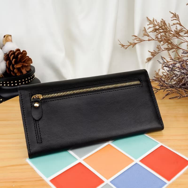 義大利植鞣革16卡1照三折全開牛皮長夾(黑色)