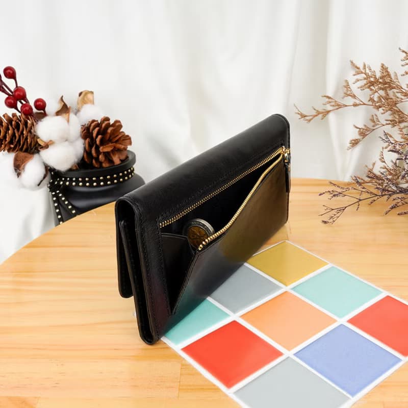 義大利植鞣革16卡1照三折全開牛皮長夾(黑色)