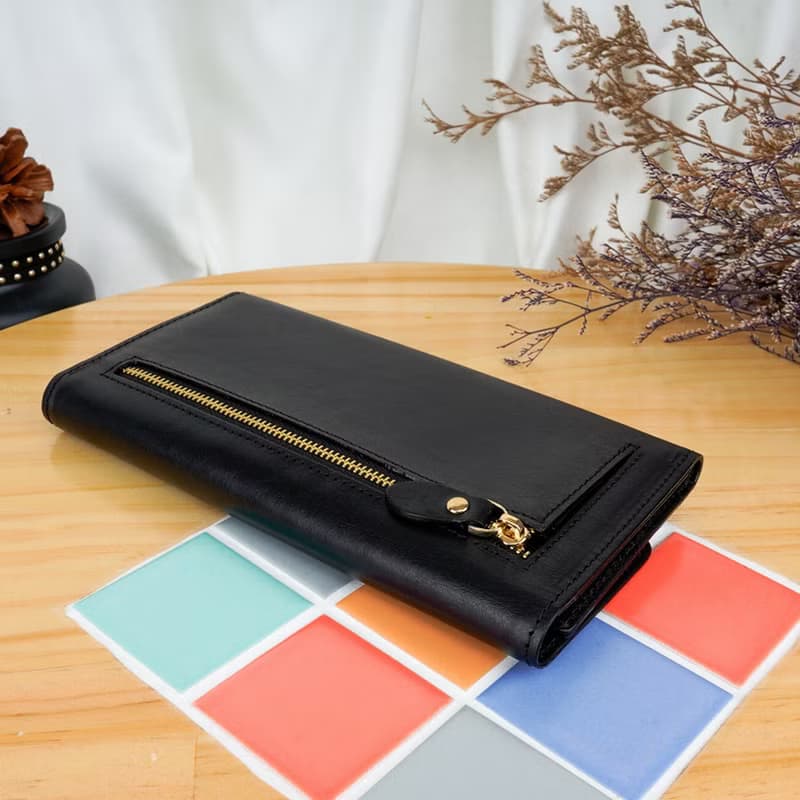 義大利植鞣革16卡1照三折全開牛皮長夾(黑色)