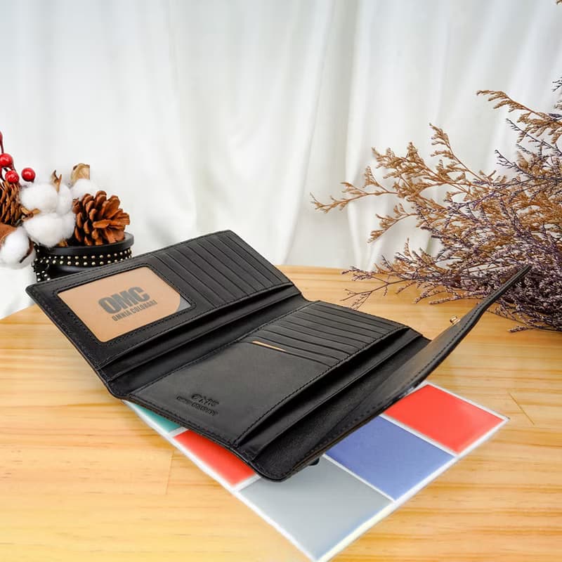 義大利植鞣革16卡1照三折全開牛皮長夾(黑色)