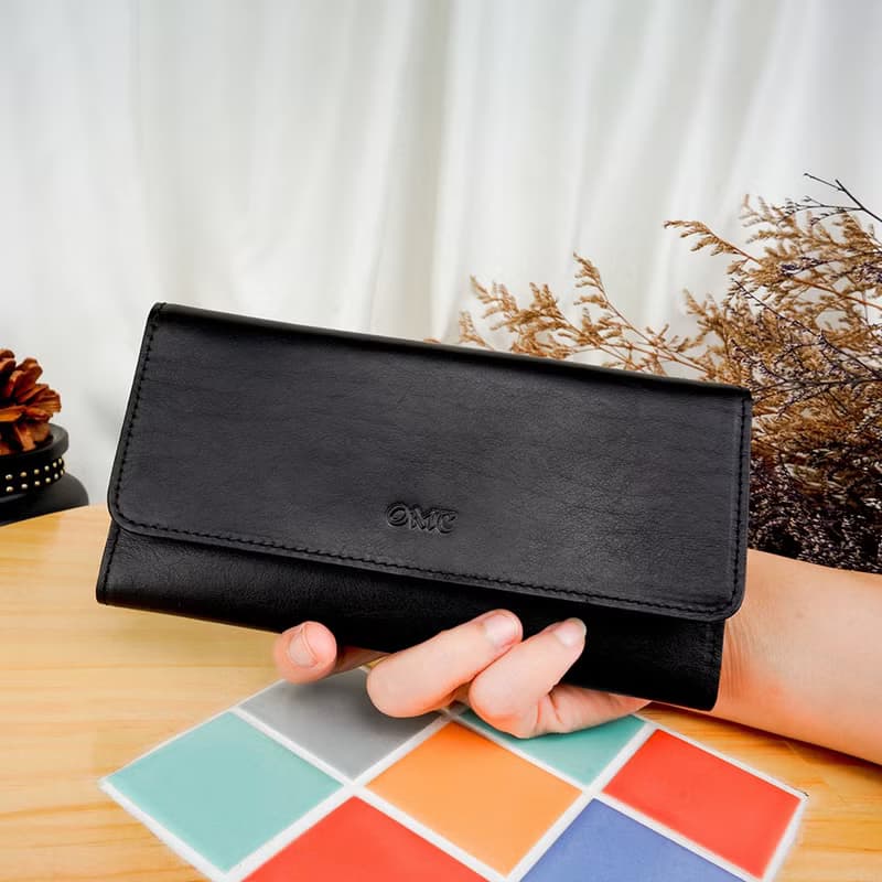 義大利植鞣革16卡1照三折全開牛皮長夾(黑色)