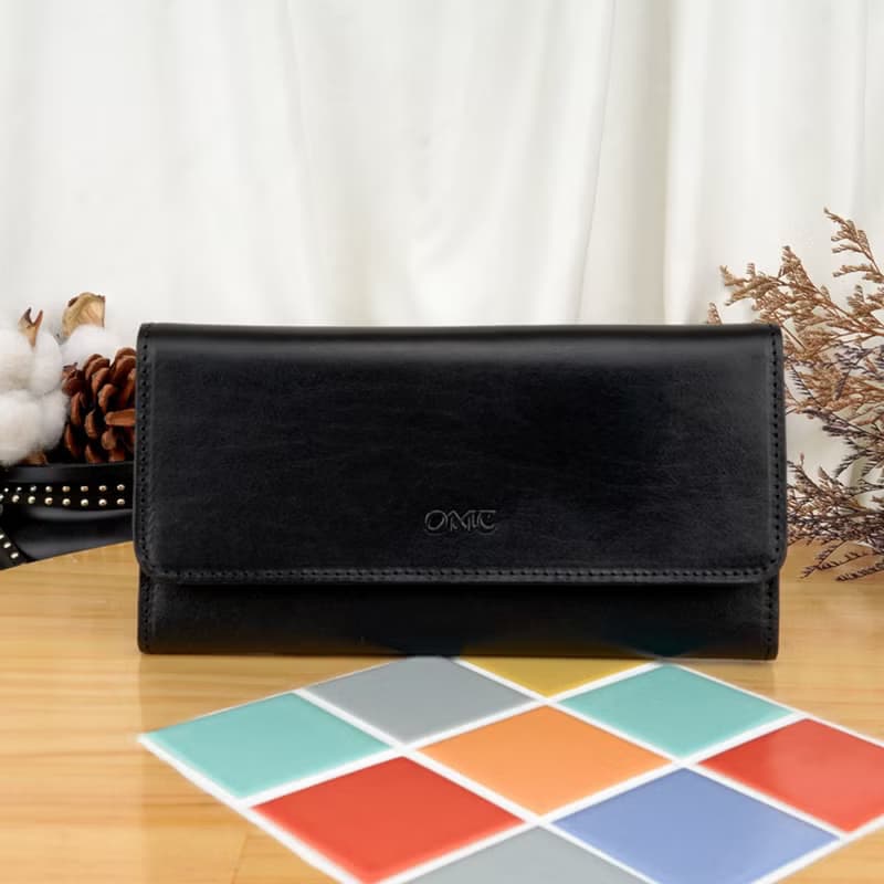 義大利植鞣革16卡1照三折全開牛皮長夾(黑色)