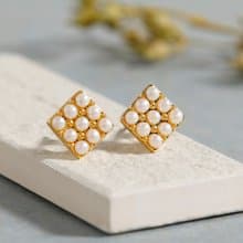 9pearl square pierced earring GD　ニッケルフリー　チタンポスト　パール　スクエア　ゴールド