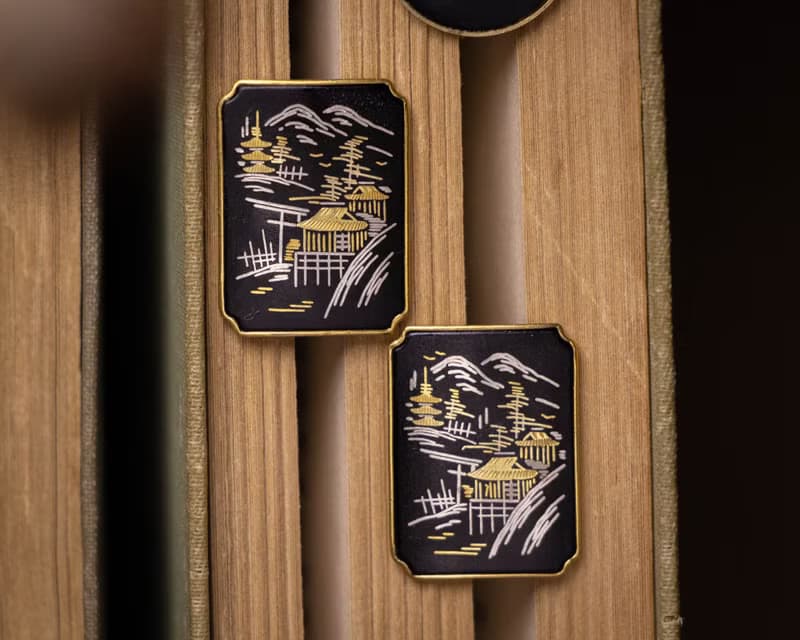 日本Amita古董象嵌 24K金/純銀鑲嵌工藝 椿花與閣寺風景 耳栓耳夾