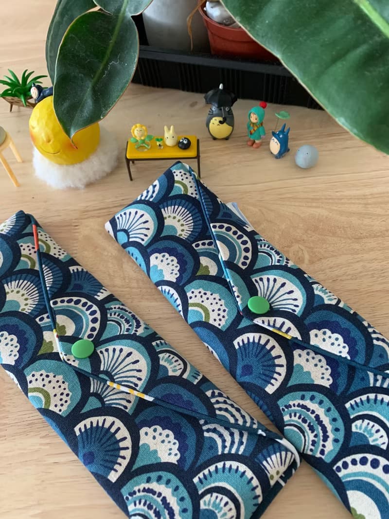 文青風環保純棉筷袋 孔雀開屏  質感原胚 海波藍 日本 潮物 收納