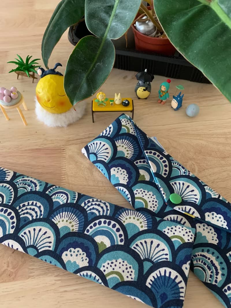 文青風環保純棉筷袋 孔雀開屏  質感原胚 海波藍 日本 潮物 收納