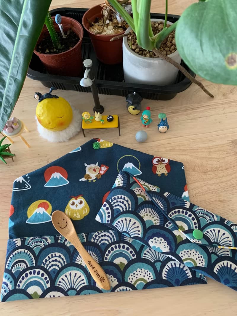 文青風環保純棉筷袋 孔雀開屏  質感原胚 海波藍 日本 潮物 收納