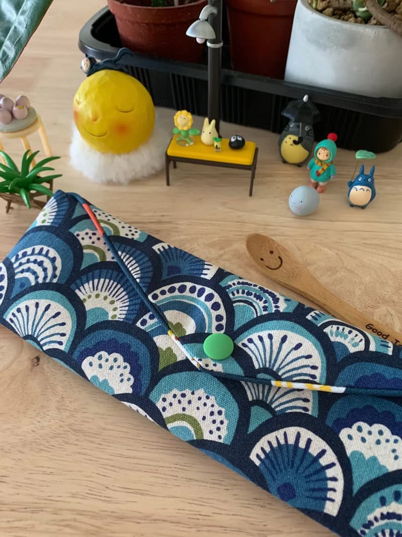 文青風環保純棉筷袋 孔雀開屏  質感原胚 海波藍 日本 潮物 收納