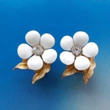Vintage Jewelry 西洋古董飾品 金葉白花 琺瑯 夾式耳環