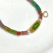 天然原礦 彩虹碧璽原石 碧玉珍珠設計單圈手串手鍊s