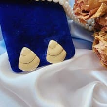 美國西洋古董飾品/ 圓潤金線三角大地色琺瑯夾式耳環/古著首飾