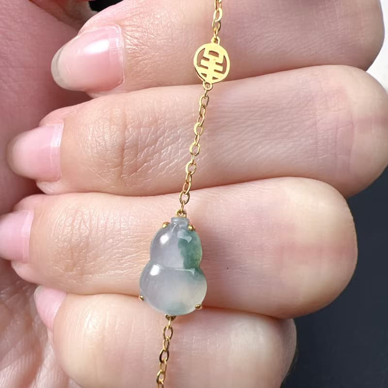 【福祿】冰種飄花翡翠葫蘆手鍊 18K金 | 天然緬甸玉翡翠A貨| 送禮
