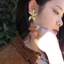Vintage Orchid Floral Gold Statement Earrings