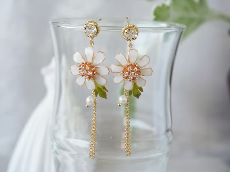 【白色秋英花】手工原創耳飾銅線樹脂 水晶花 新娘 節日禮物
