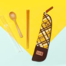 獨創布花 棉麻餐具袋::芥末黃:: (格紋街區)環保餐具/畢業季