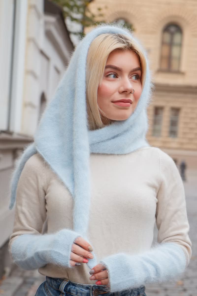 Angora knitted kerchief. Triangle fluffy scarf