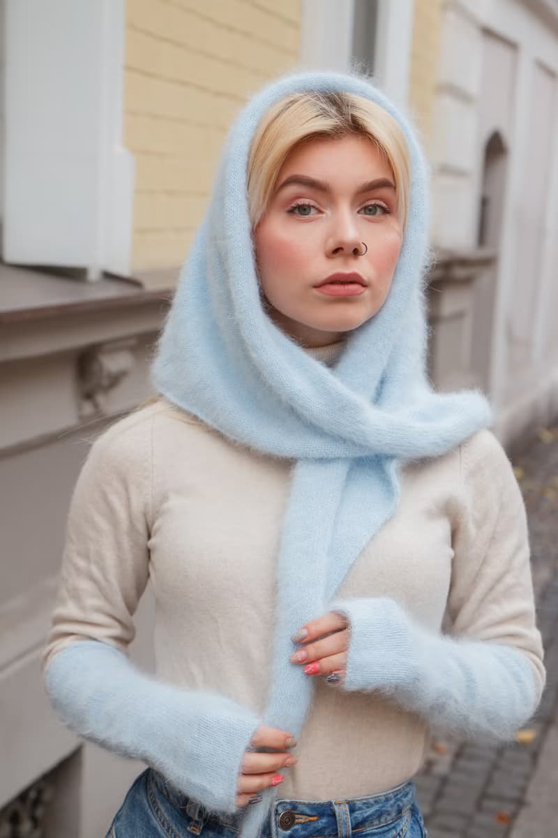 Angora knitted kerchief. Triangle fluffy scarf