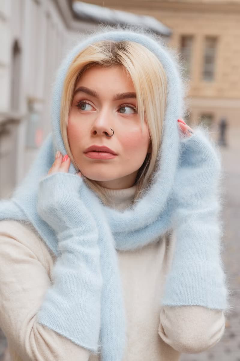 Angora knitted kerchief. Triangle fluffy scarf