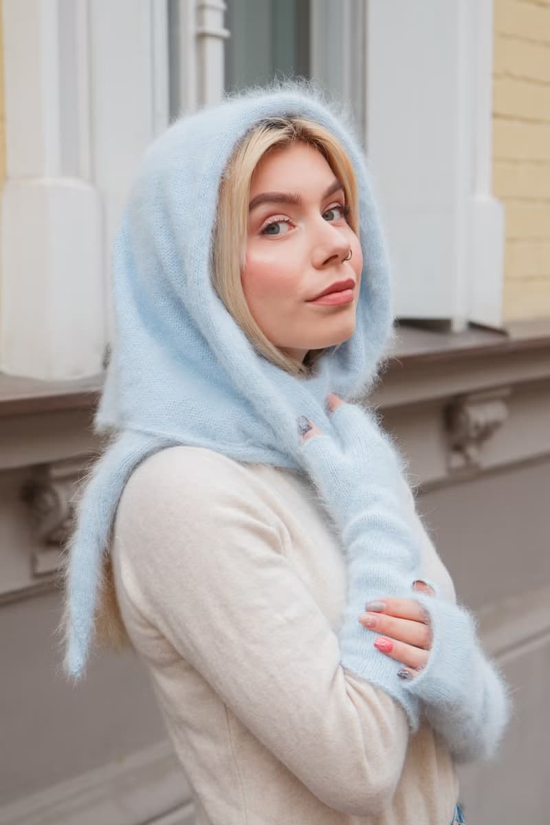 Angora knitted kerchief. Triangle fluffy scarf