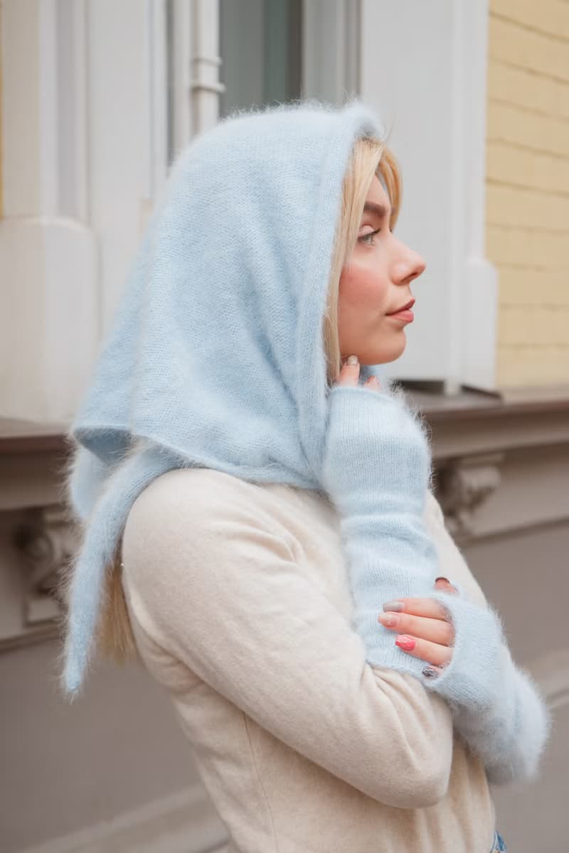 Angora knitted kerchief. Triangle fluffy scarf