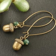 Bronze Acorn Green Moss Agate Forest Woodland Long Drop Earrings Woman Jewelry