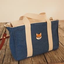 手工縫製托特側肩包帆布小手袋 牛仔布可愛柴犬刺繡 可拆調