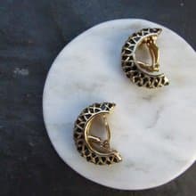 Vintage Gold Mesh Textured Black Half Hoop Clip On Earrings