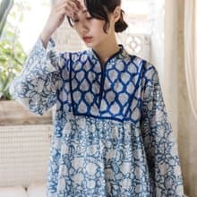 小領子拼接長袖長洋裝_藍