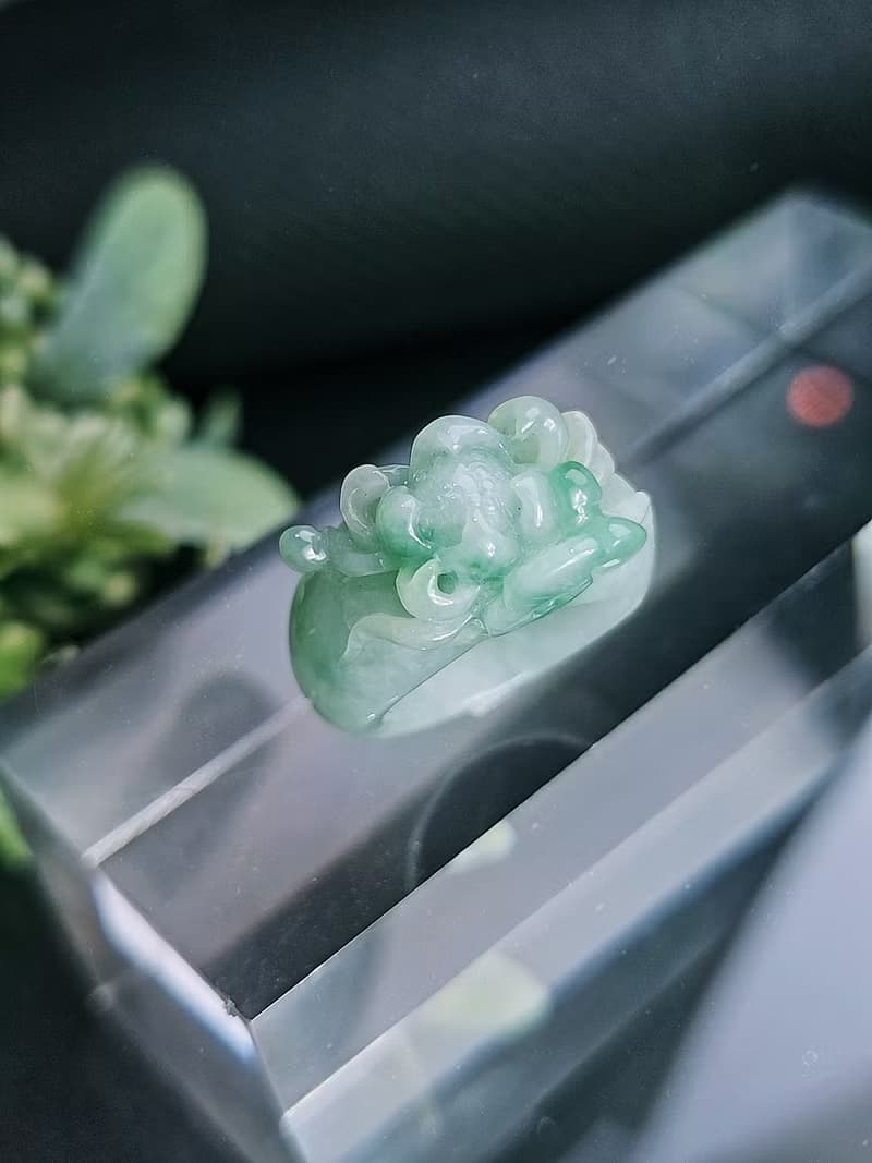 招財|立體細糯冰藍蓮花寬版戒圈|緬甸A貨翡翠戒指#14