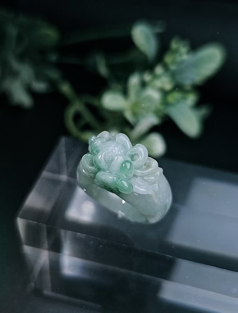 招財|立體細糯冰藍蓮花寬版戒圈|緬甸A貨翡翠戒指#14