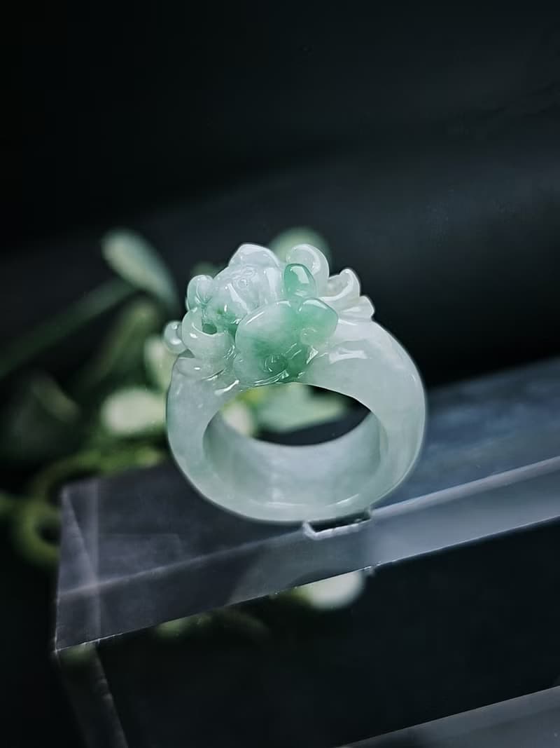 招財|立體細糯冰藍蓮花寬版戒圈|緬甸A貨翡翠戒指#14