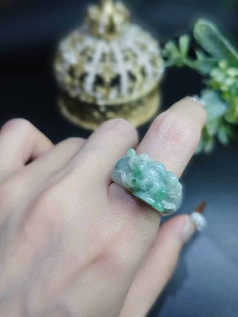 招財|立體細糯冰藍蓮花寬版戒圈|緬甸A貨翡翠戒指#14