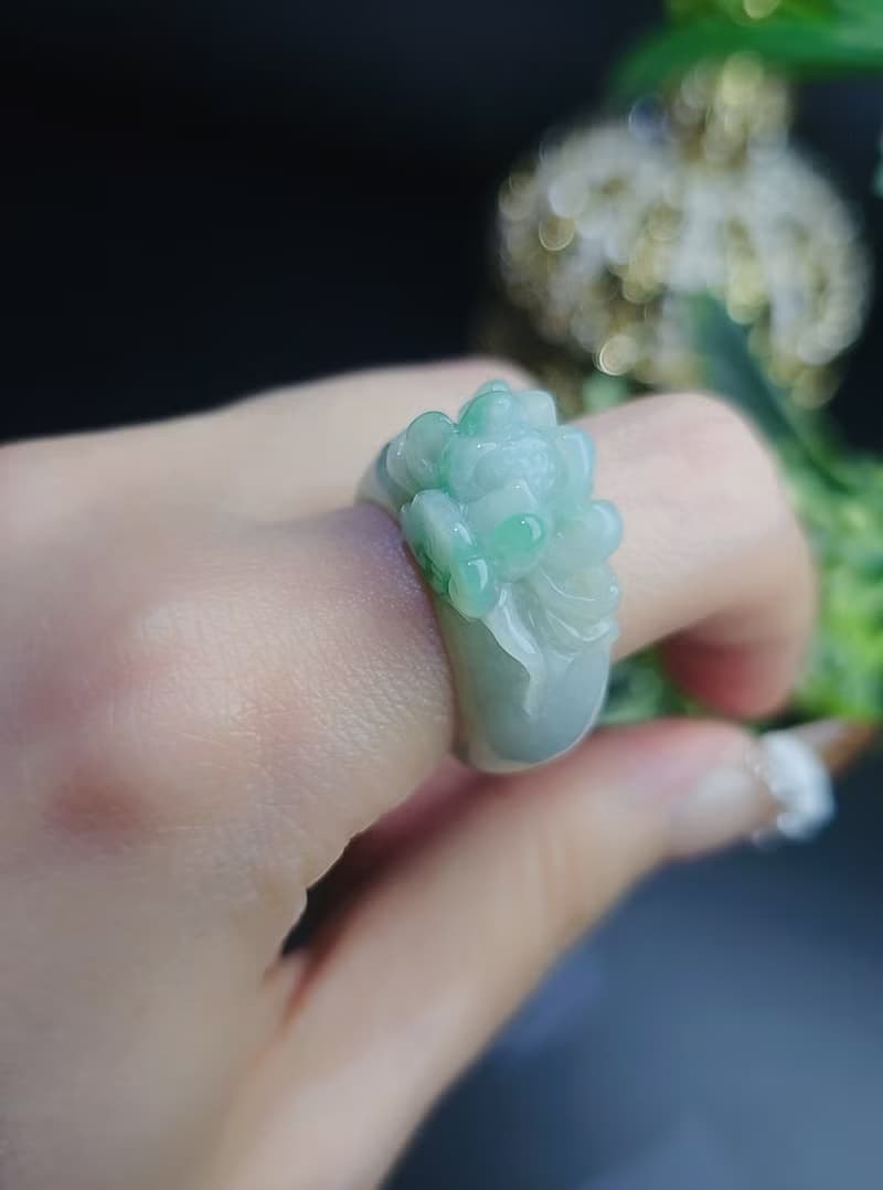 招財|立體細糯冰藍蓮花寬版戒圈|緬甸A貨翡翠戒指#14