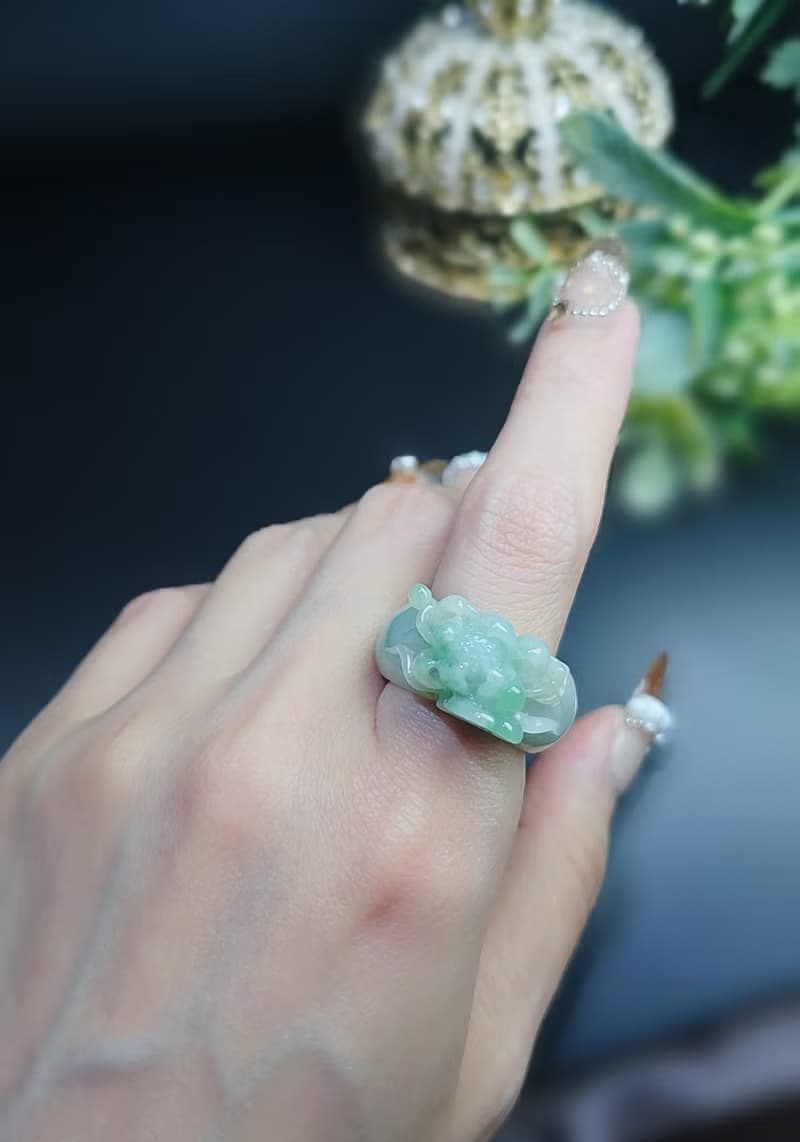 招財|立體細糯冰藍蓮花寬版戒圈|緬甸A貨翡翠戒指#14