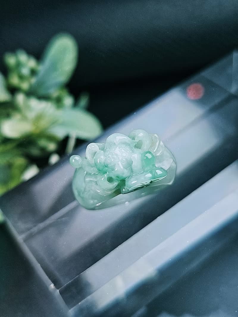 招財|立體細糯冰藍蓮花寬版戒圈|緬甸A貨翡翠戒指#14