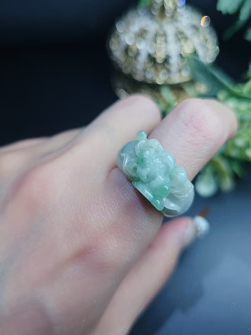 招財|立體細糯冰藍蓮花寬版戒圈|緬甸A貨翡翠戒指#14
