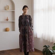 小領釦長袖拼接洋裝_渲染花卉